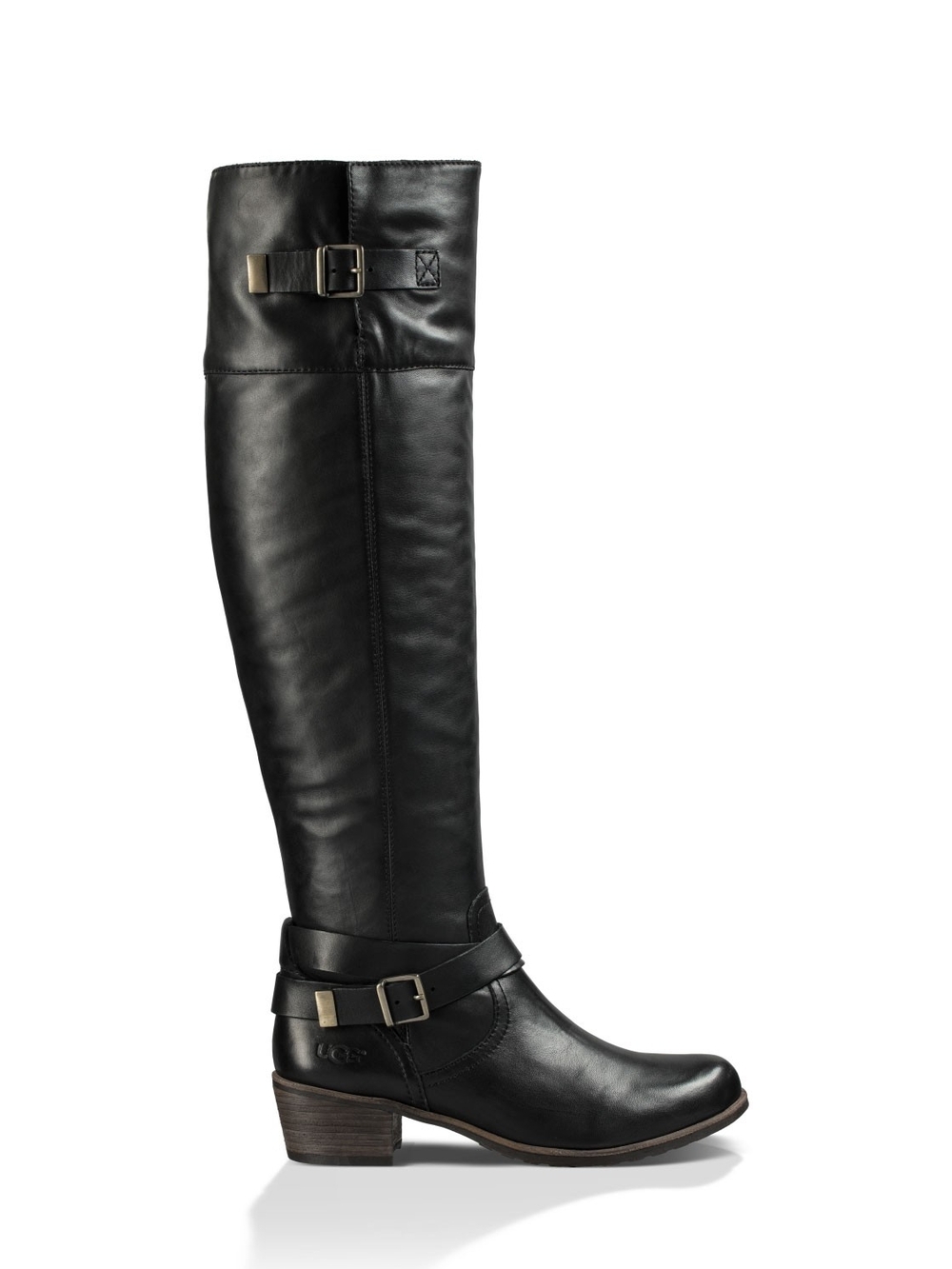 UGG NIB Bess Black Leather Knee-High Buckle Heeled Boot